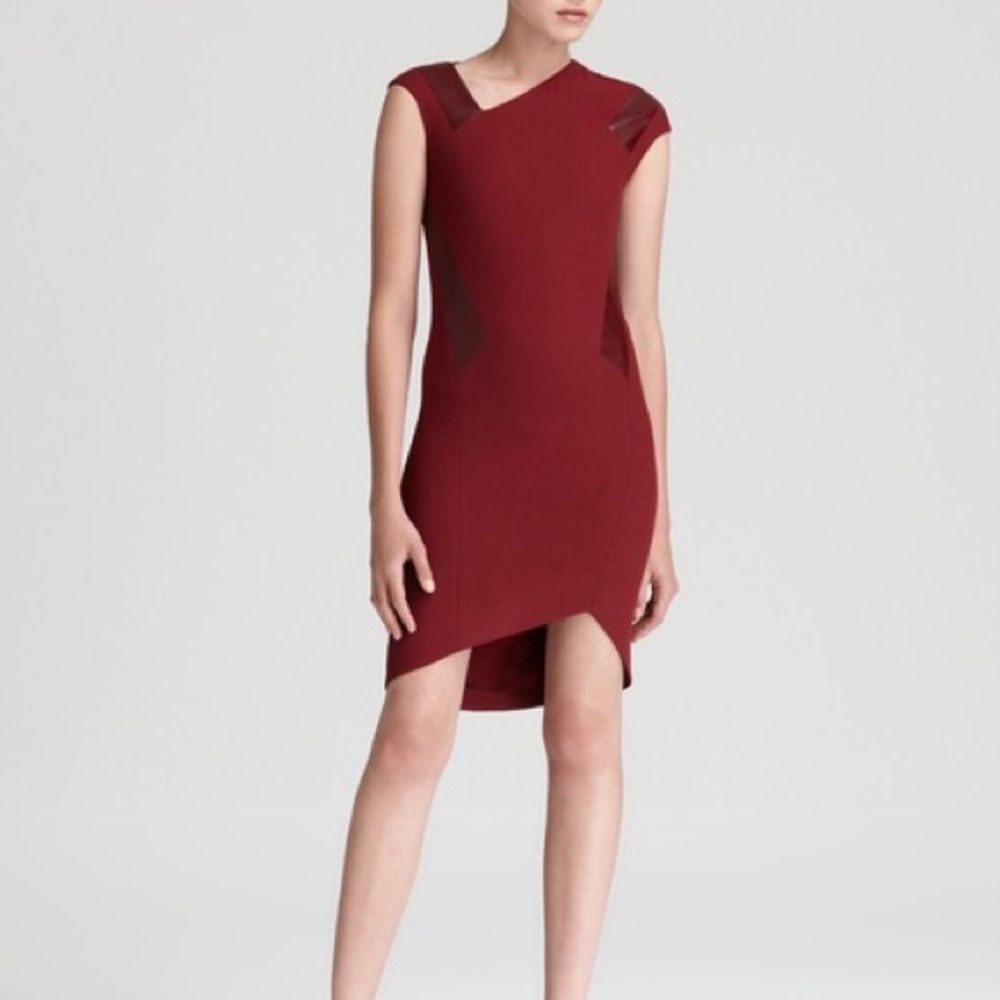 Helmut Lang Wool & Leather Red Asymmetrical Dress